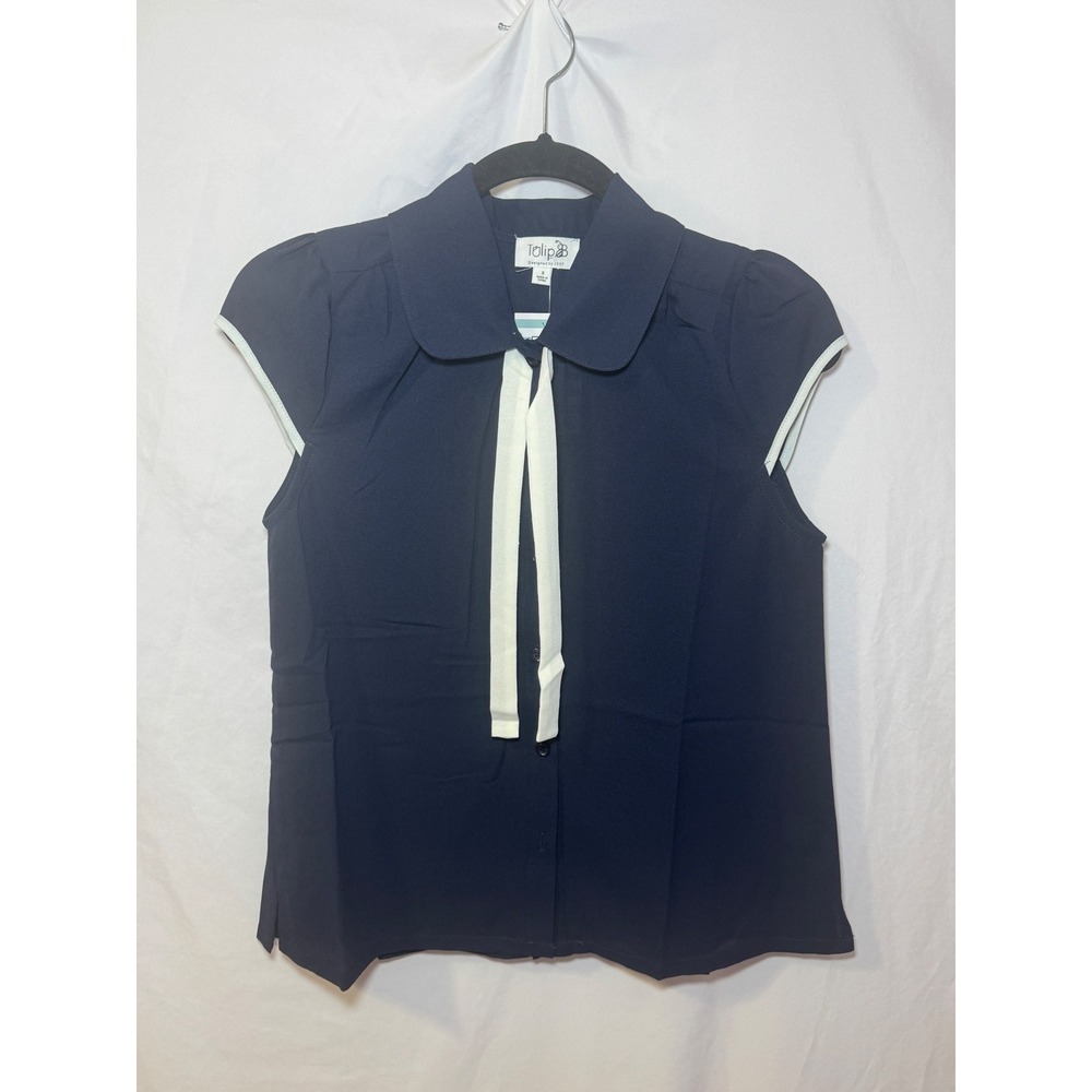 Navy Peter Pan Collar Tie Neck Blouse L Preppy Academia Vintage Tulip B NWT